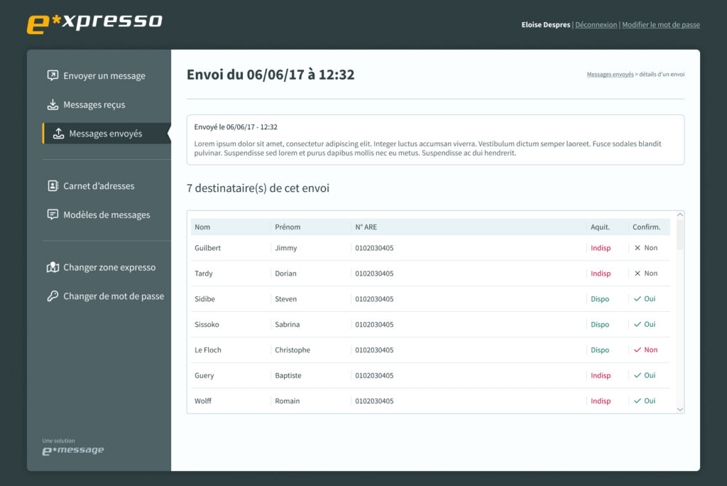 Capture écran logiciel de messagerie d'urgence e*xpresso